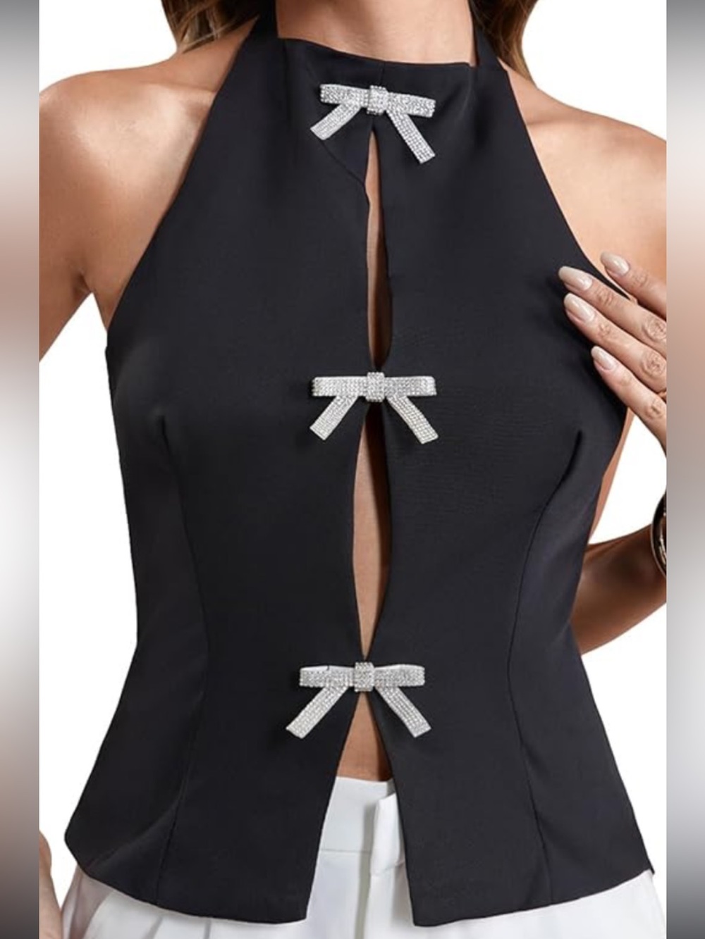 Black Halter Top with Rhinestone Bow Accents